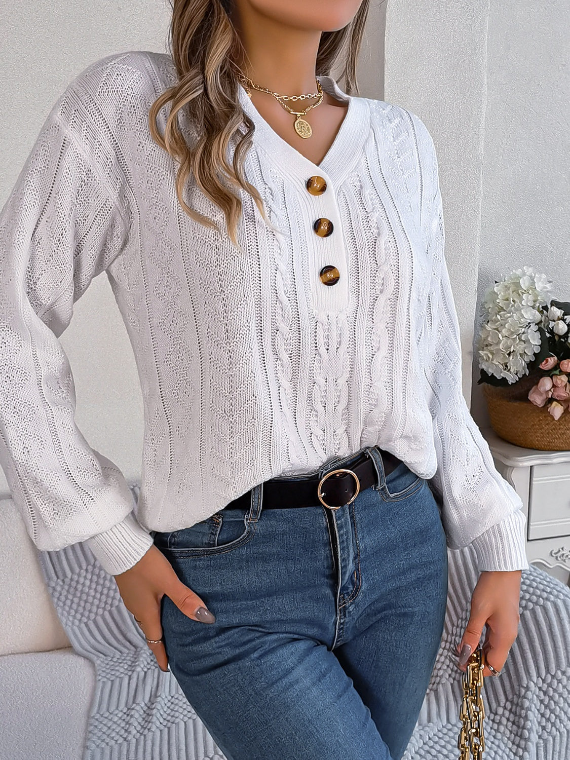 Cable-Knit V-Neck Long Sleeve Sweater-TOPS / DRESSES-[Adult]-[Female]-2022 Online Blue Zone Planet