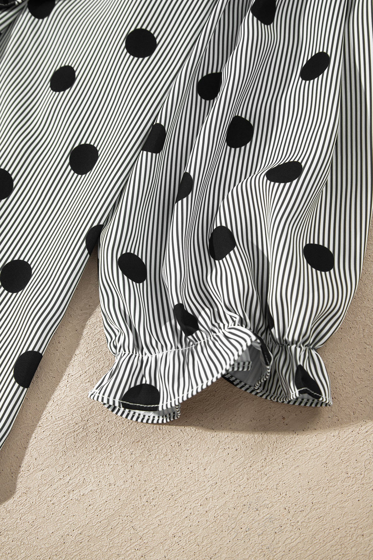 Black white Polka Dot Striped Print Ruffle Stand Neck 3/4 Sleeve Shift Shirt-Tops/Blouses & Shirts-[Adult]-[Female]-2022 Online Blue Zone Planet