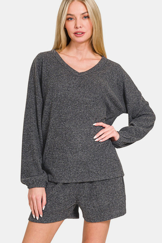 Blue Zone Planet | Zenana V-Neck Long Sleeve Ribbed Top and Shorts Set-TOPS / DRESSES-[Adult]-[Female]-Black-S-2022 Online Blue Zone Planet