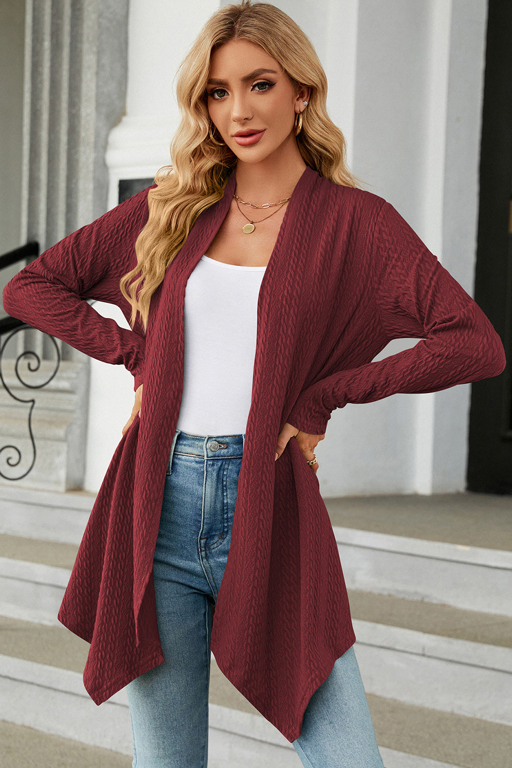 Open Front Long Sleeve Cardigan-TOPS / DRESSES-[Adult]-[Female]-Burgundy-S-2022 Online Blue Zone Planet