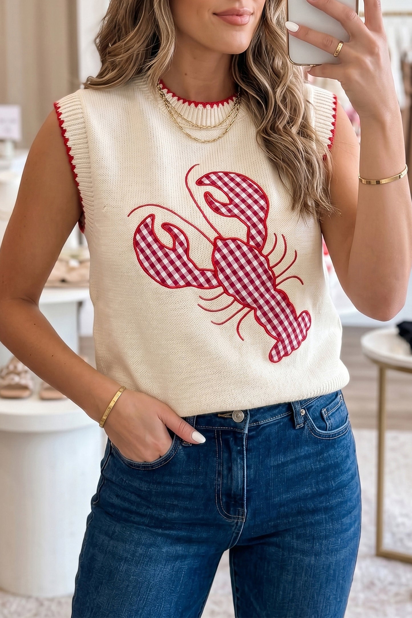 Beige Plaid Crawfish Crew Neck Knit Sweater Vest-TOPS / DRESSES-[Adult]-[Female]-2022 Online Blue Zone Planet