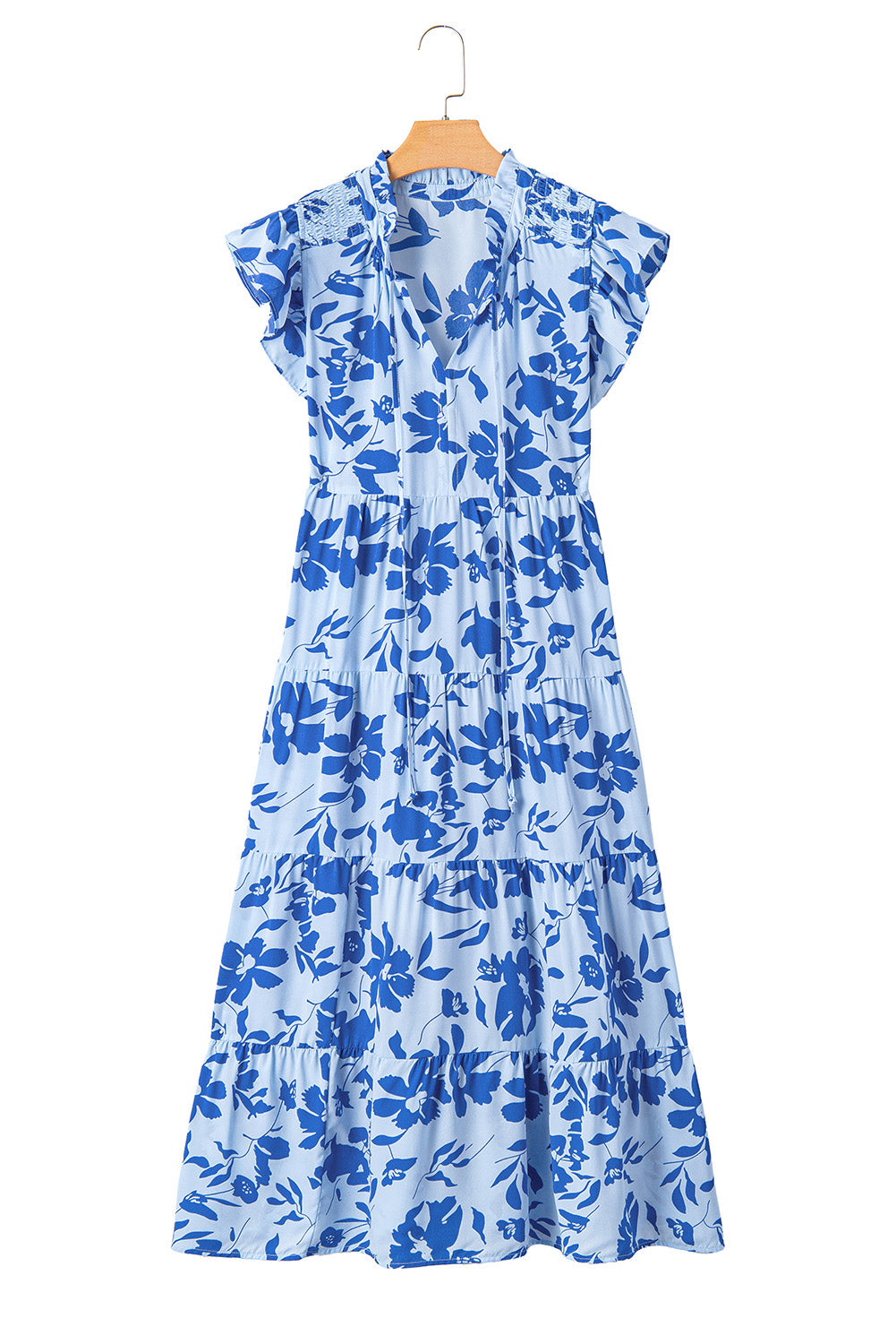 Sky Blue Floral Print Tiered Flutter Sleeve Maxi Dress-Maxi Dresses-[Adult]-[Female]-2022 Online Blue Zone Planet