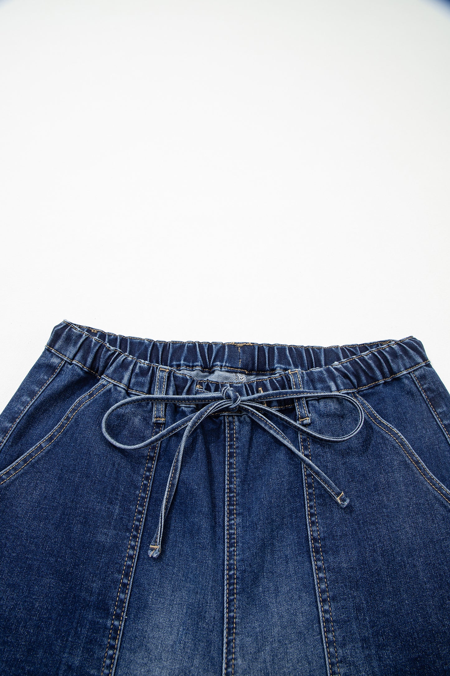 Prussian Blue Drawstring Seam Detail Raw Hem Wide Leg Denim Pants-Bottoms/Jeans-[Adult]-[Female]-2022 Online Blue Zone Planet