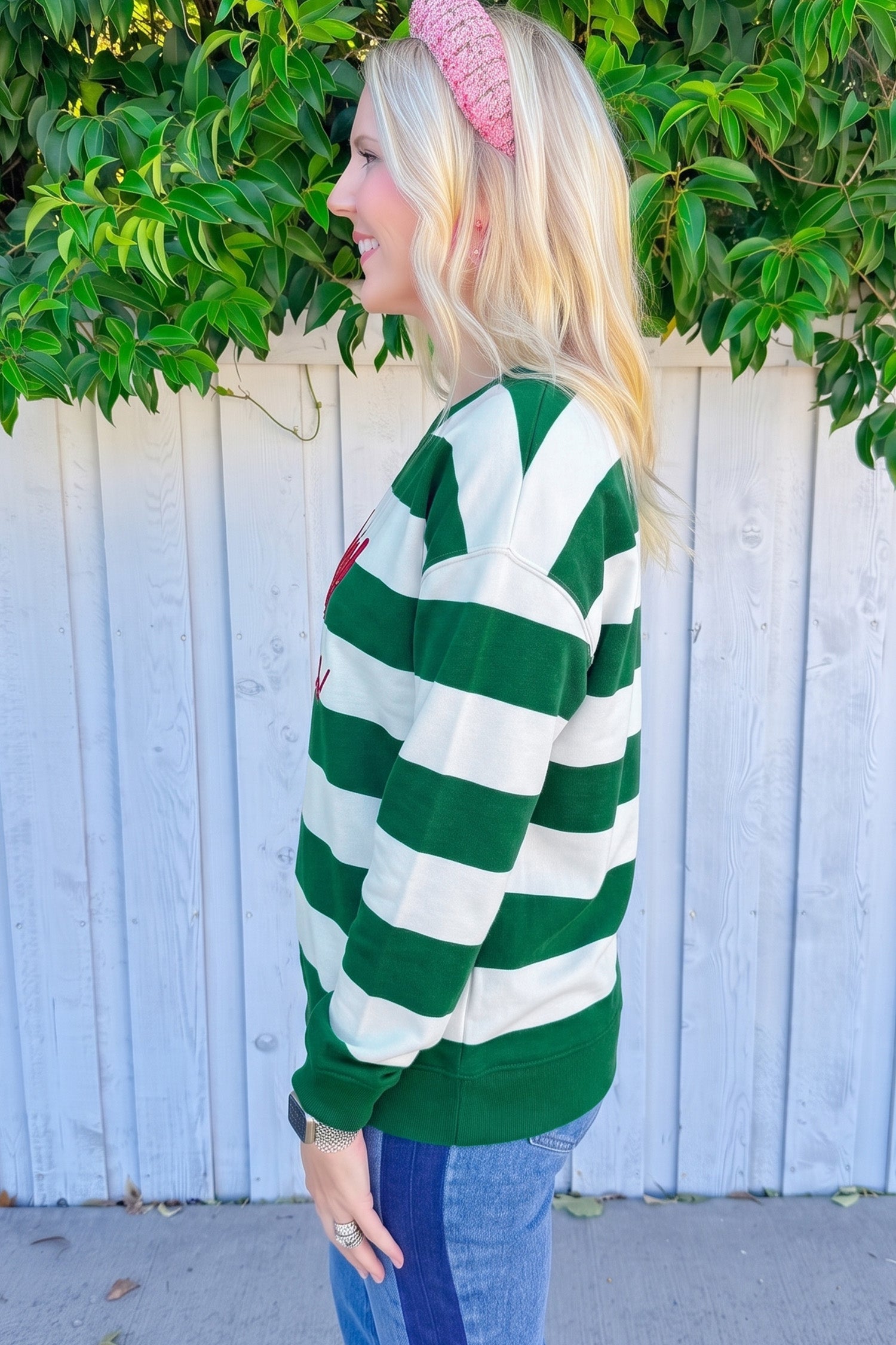 Red Stripe holly jolly Letter Embroidered Pullover Sweatshirt-Tops/Sweatshirts & Hoodies-[Adult]-[Female]-2022 Online Blue Zone Planet