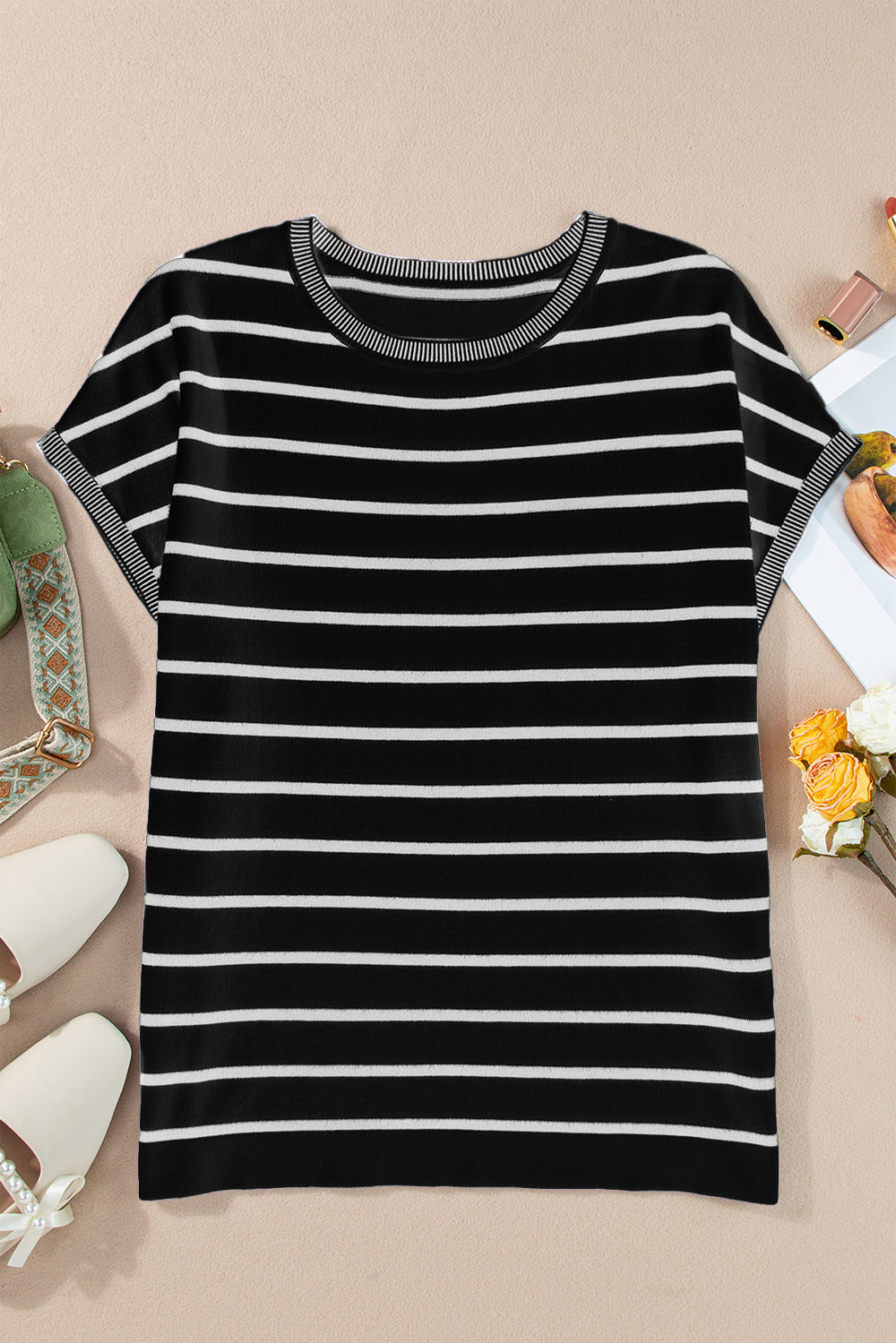 Striped Round Neck Cap Sleeve Knit Top-TOPS / DRESSES-[Adult]-[Female]-Black-S-2022 Online Blue Zone Planet