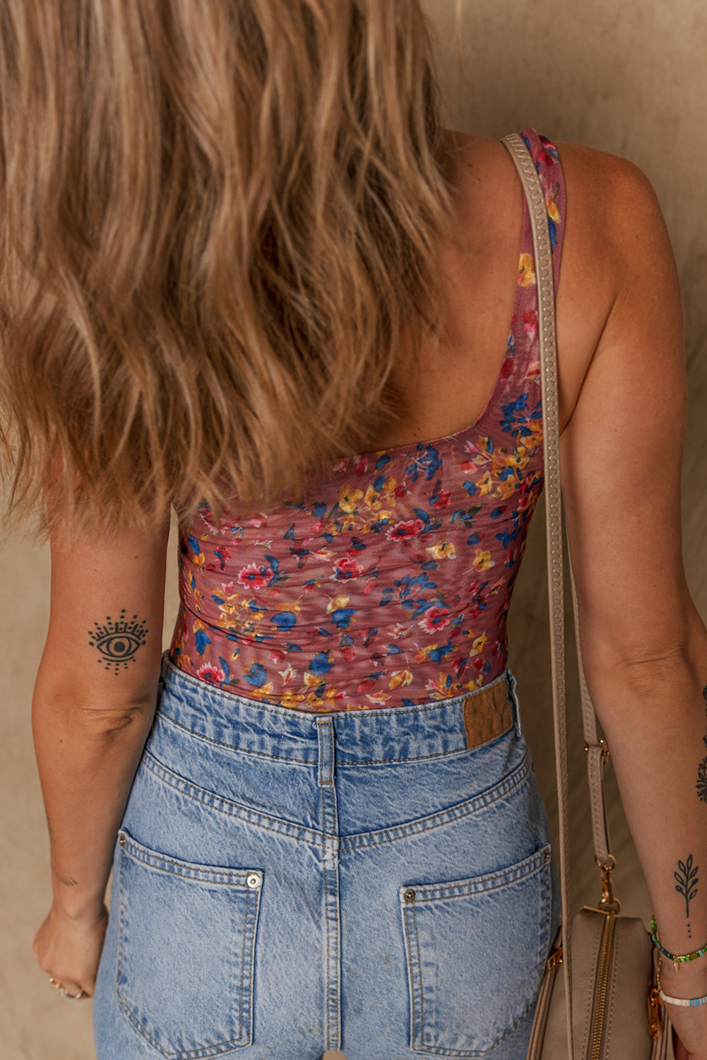 Purple Floral Printed Mesh U Neck Sleeveless Bodysuit-Tops/Bodysuits-[Adult]-[Female]-2022 Online Blue Zone Planet
