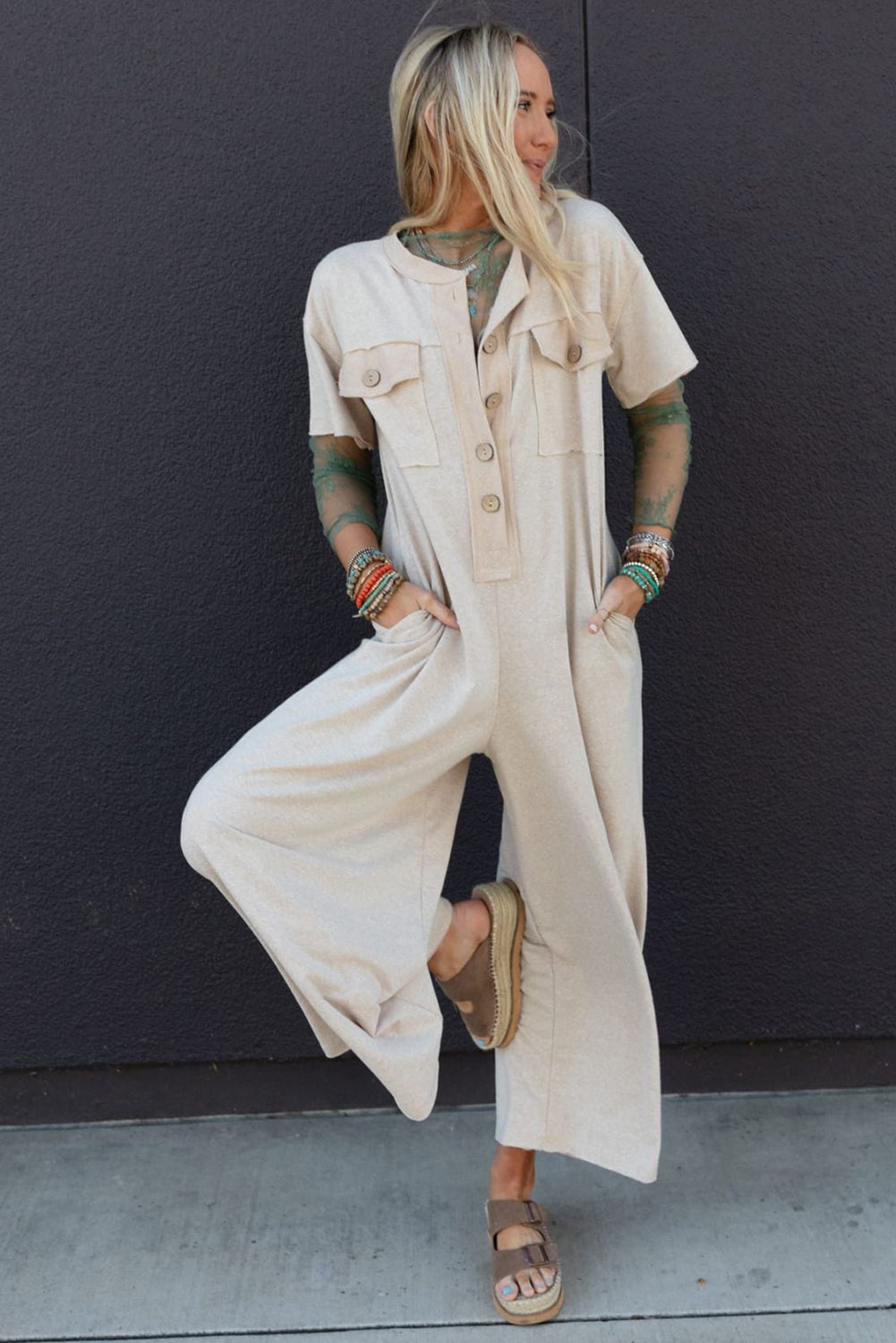 Beige Half Placket Chest Pockets Short Sleeve Wide Leg Jumpsuit-Bottoms/Jumpsuits & Rompers-[Adult]-[Female]-2022 Online Blue Zone Planet
