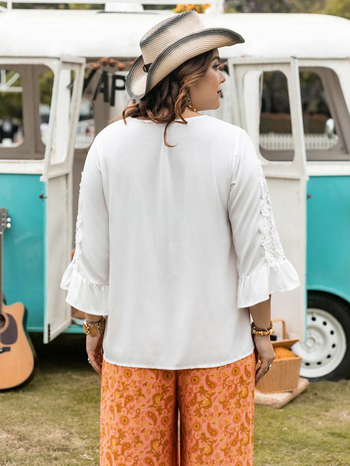 Plus Size Lace Detail V-Neck Three-Quarter Sleeve Blouse-TOPS / DRESSES-[Adult]-[Female]-2022 Online Blue Zone Planet