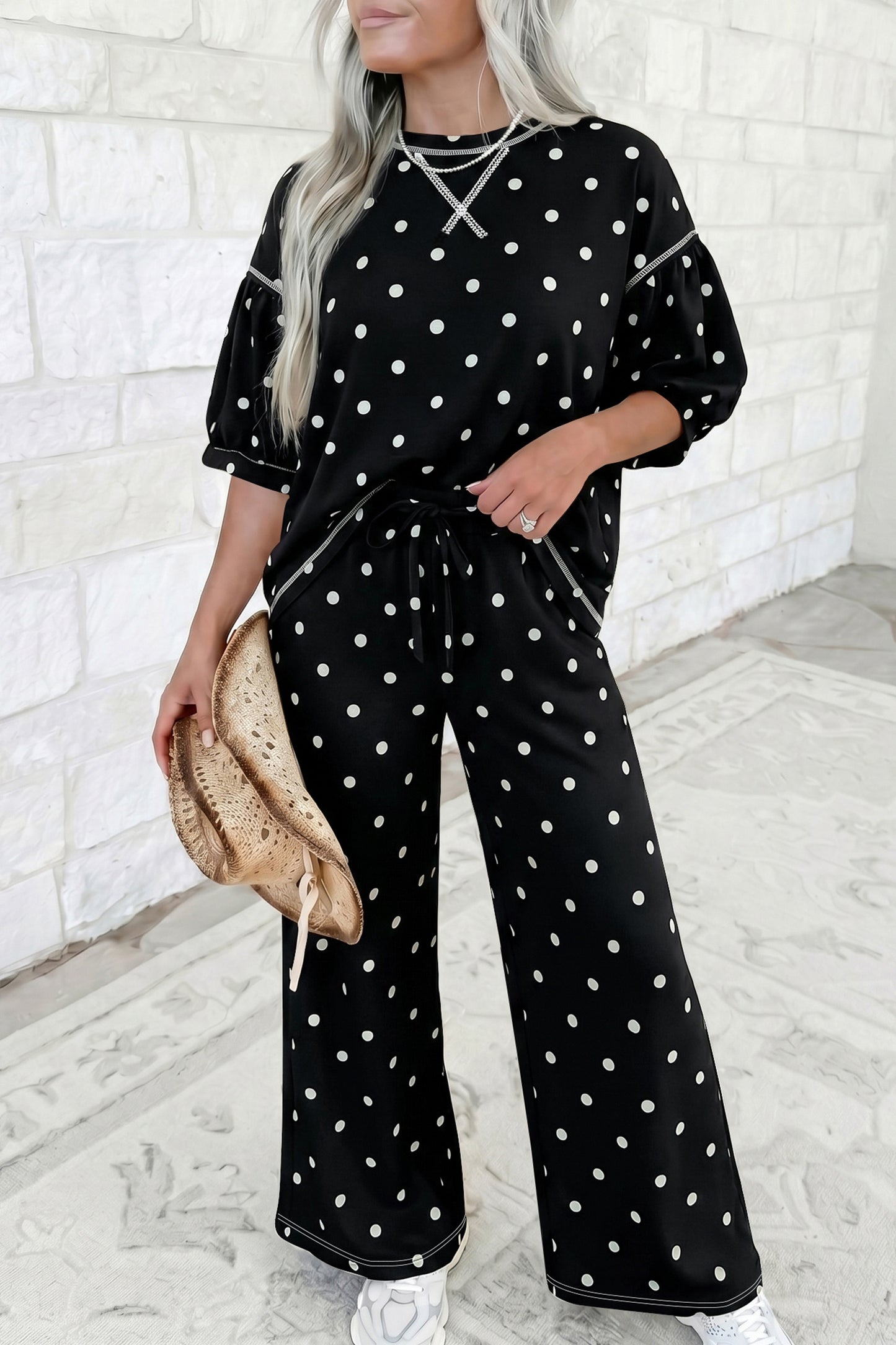 Black Polka Dot Half Sleeve Loose Top Elastic Waist Casual Pants Set