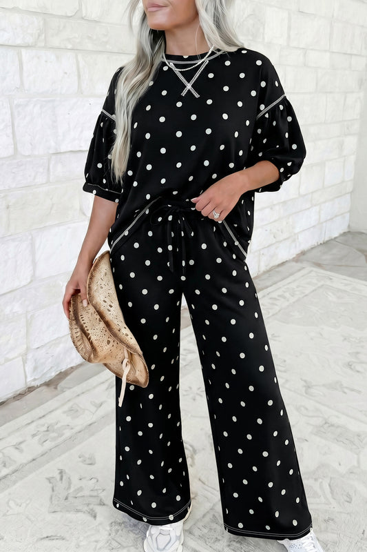 Black Polka Dot Half Sleeve Loose Top Elastic Waist Casual Pants Set-Two Piece Sets/Pant Sets-[Adult]-[Female]-Black-S-2022 Online Blue Zone Planet