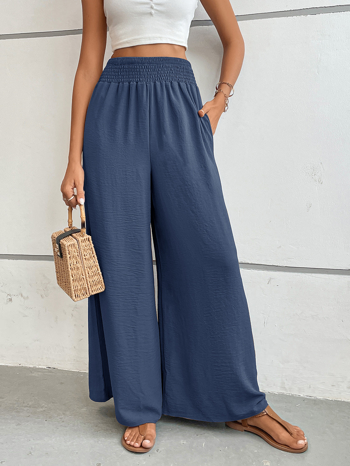 Blue Zone Planet | Perfee Wide Leg Pants with Pockets-BOTTOM SIZES SMALL MEDIUM LARGE-[Adult]-[Female]-Dusty Blue-S-2022 Online Blue Zone Planet