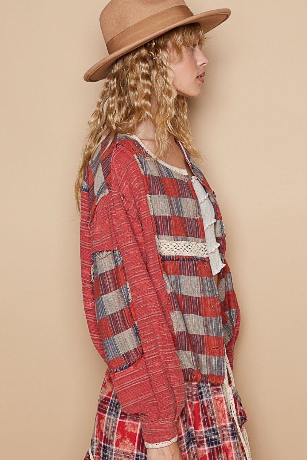 Blue Zone Planet | POL Round Neck Long Sleeve Plaid Shirt-TOPS / DRESSES-[Adult]-[Female]-2022 Online Blue Zone Planet