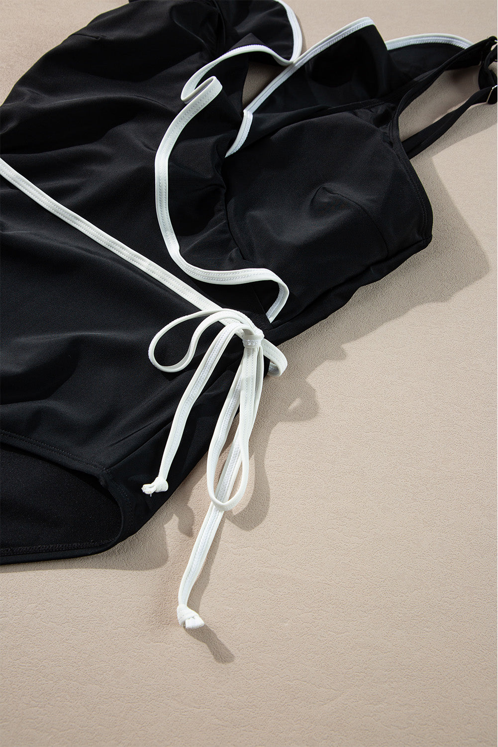 Black Color Contrast Ruffled Wrap V Neck Swimsuit-Swimwear/One Piece Swimsuit-[Adult]-[Female]-2022 Online Blue Zone Planet