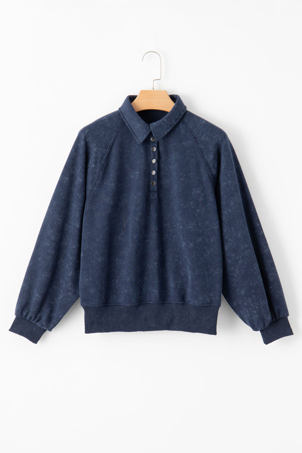 Blue Washed Snap Buttons Lantern Sleeve Pullover Sweatshirt-Tops/Sweatshirts & Hoodies-[Adult]-[Female]-2022 Online Blue Zone Planet