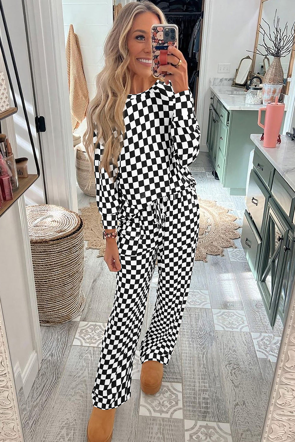 Black Checkered Print Long Sleeve Top and Pants Lounge Set-Loungewear & Sleepwear/Loungewear-[Adult]-[Female]-2022 Online Blue Zone Planet