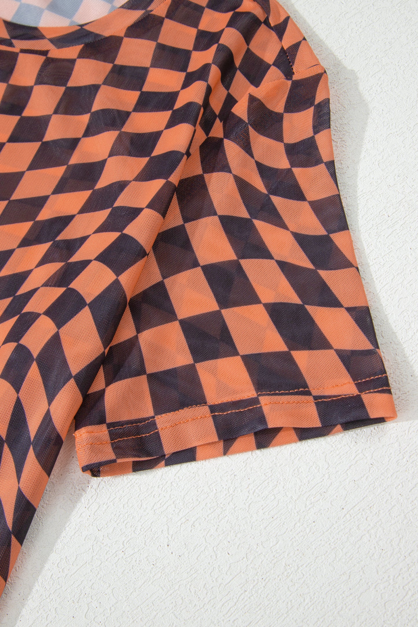 Orange Checkered Print Crew Neck Mesh T Shirt-Tops/Tops & Tees-[Adult]-[Female]-2022 Online Blue Zone Planet