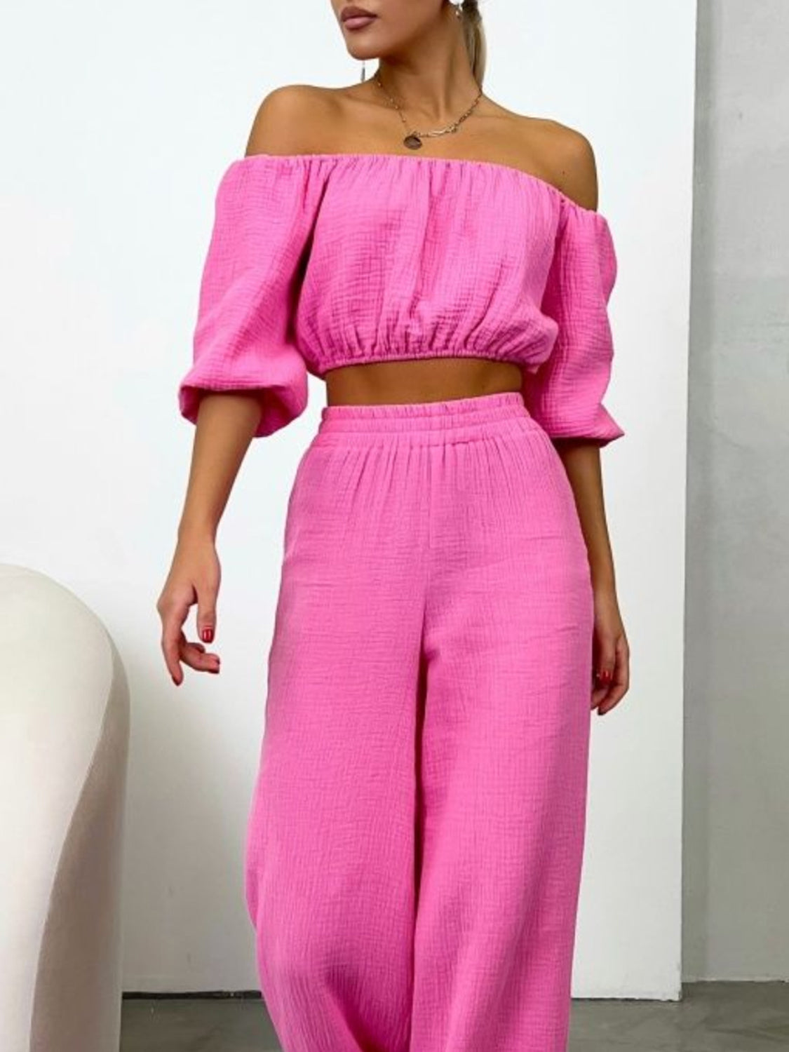 Blue Zone Planet | Off Shoulder Long Sleeve Top and Pants Set-TOPS / DRESSES-[Adult]-[Female]-Hot Pink-S-2022 Online Blue Zone Planet