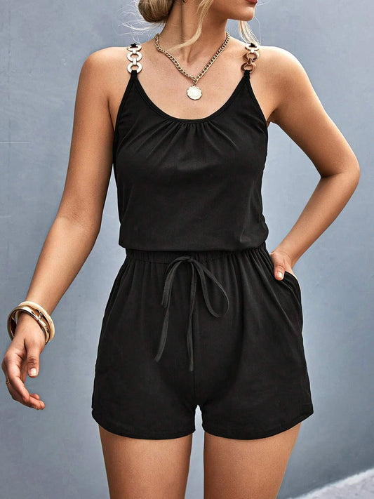 Pocketed Buckle Trim Scoop Neck Romper-TOPS / DRESSES-[Adult]-[Female]-Black-S-2022 Online Blue Zone Planet