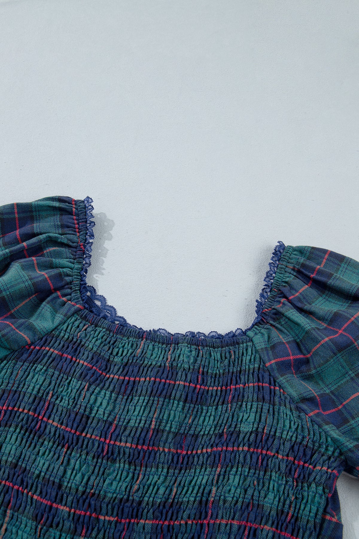 Green Vintage Plaid Square Neck Lace Trim Long Sleeve Shift Dress-TOPS / DRESSES-[Adult]-[Female]-2022 Online Blue Zone Planet