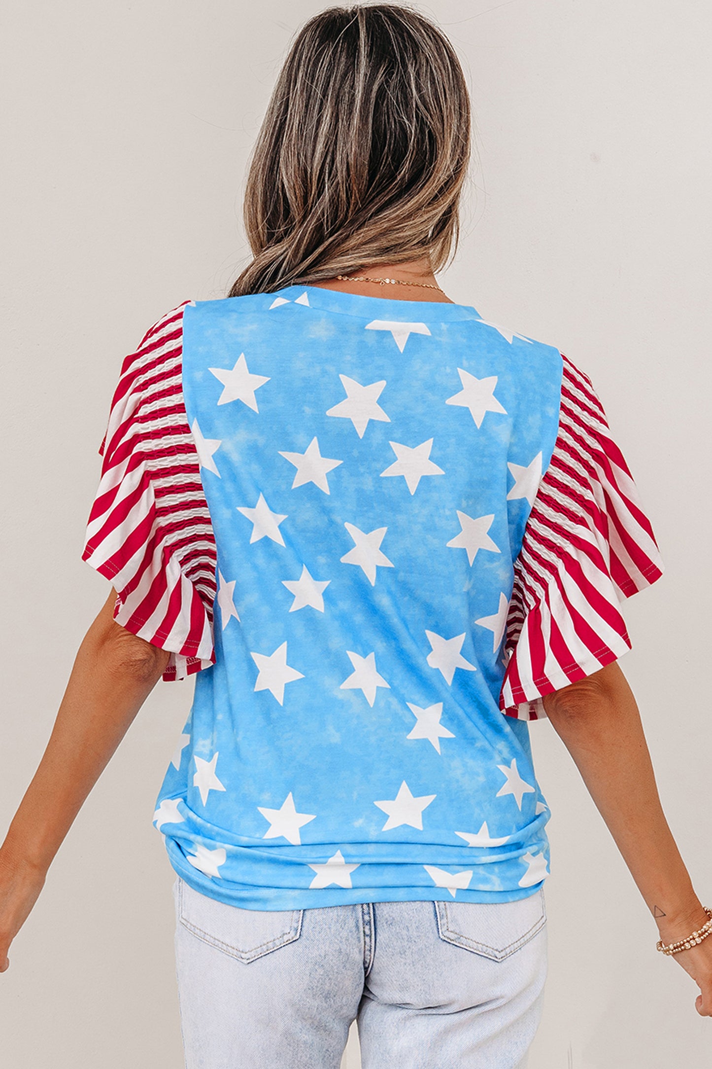 Sky Blue Vintage Star Print Striped Ruffle Sleeve Independence Day Top-Tops/Tops & Tees-[Adult]-[Female]-2022 Online Blue Zone Planet