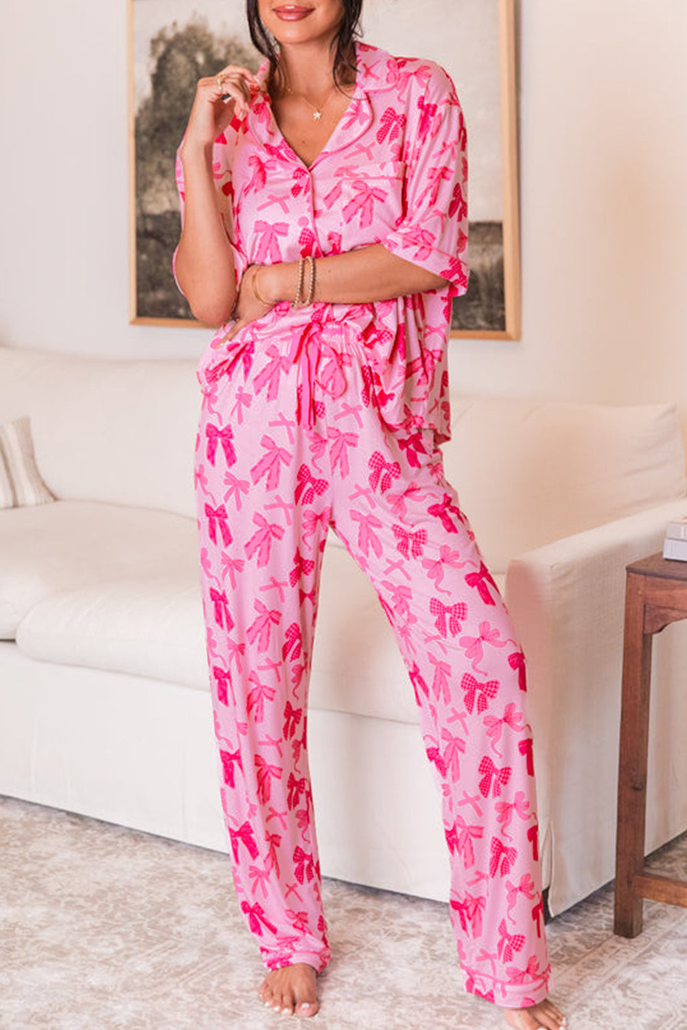 Pink Bow Knot Print Lapel Collar Short Sleeve and Pants Pajamas Set-Loungewear & Sleepwear/Sleepwear-[Adult]-[Female]-Pink-S-2022 Online Blue Zone Planet