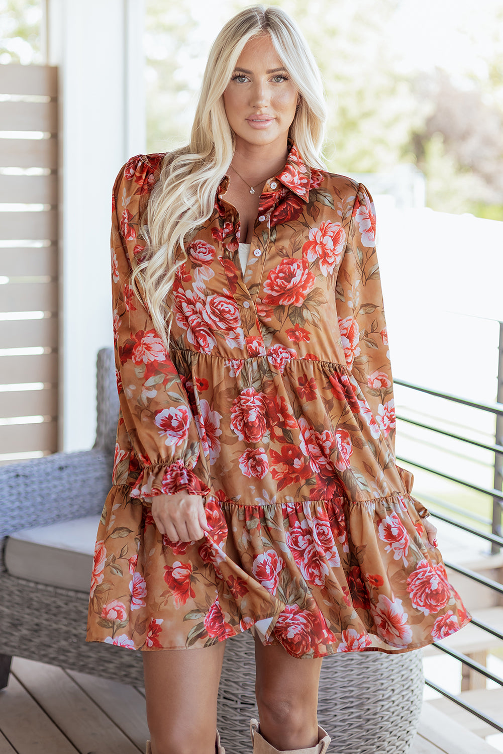 Brown Vintage Floral Print Shirt Style Half Button Long Sleeve Ruffle Mini Dress-Dresses/Floral Dresses-[Adult]-[Female]-2022 Online Blue Zone Planet