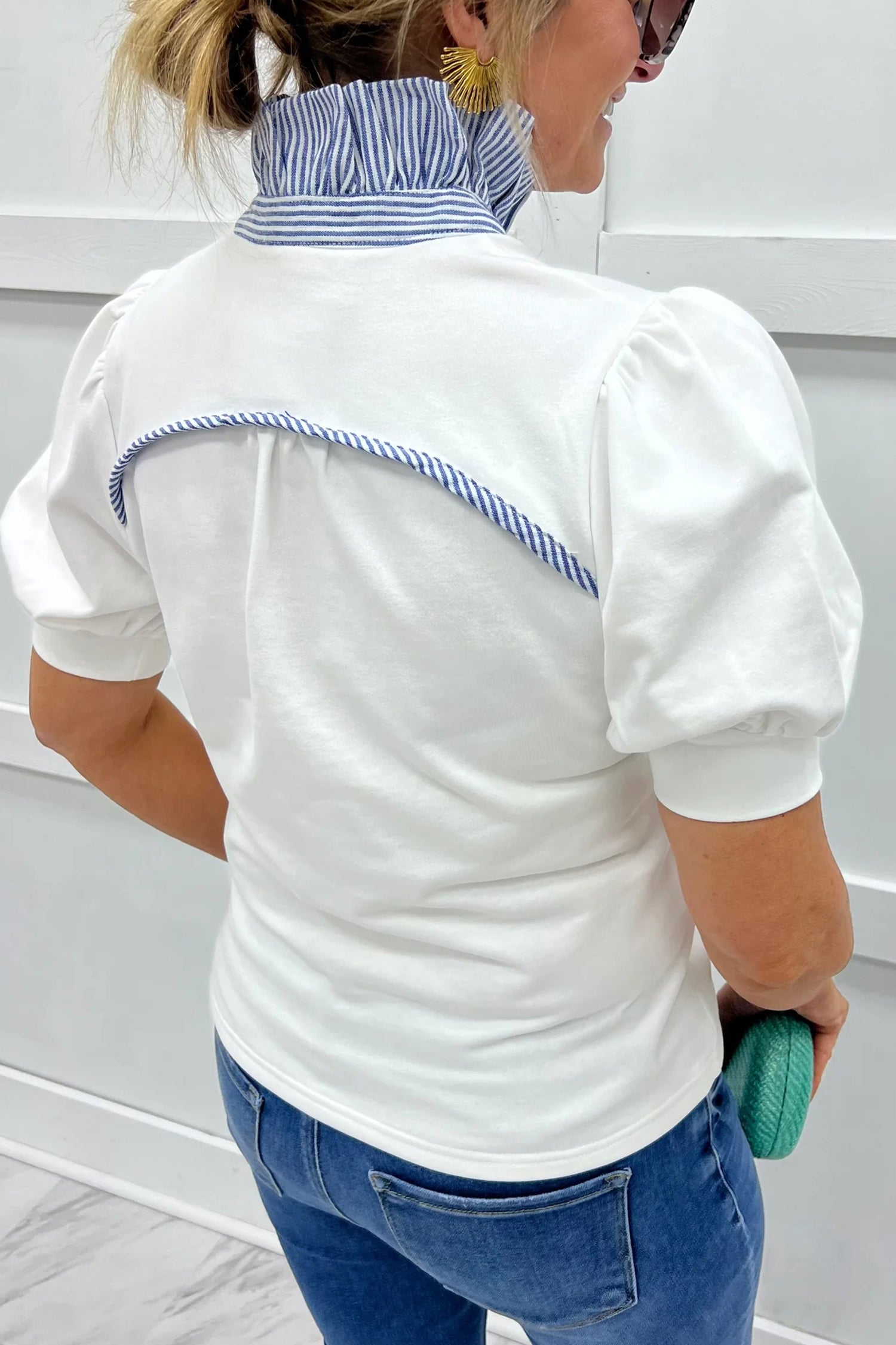 Sachet Pink Striped Frilled Collar Short Sleeve Blouse-Tops/Blouses & Shirts-[Adult]-[Female]-2022 Online Blue Zone Planet