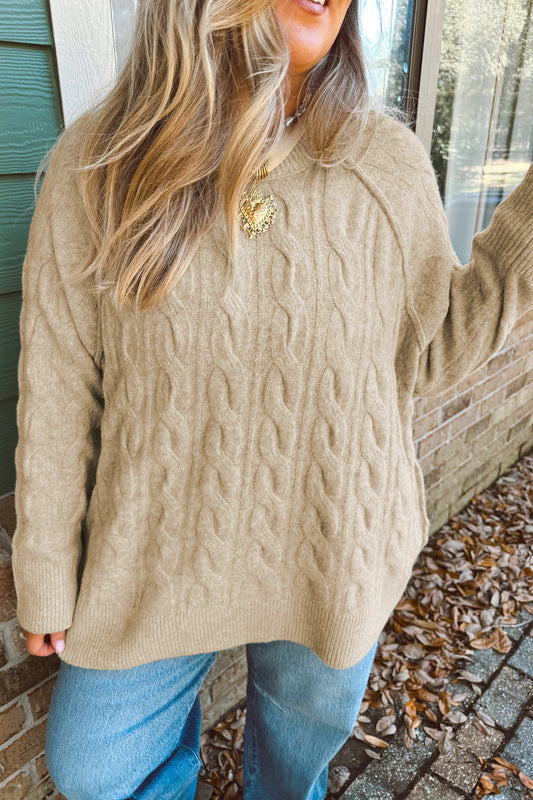 Parchment Oversized Cable Knit Long Sleeve Round Neck Tunic Length Plus Size Sweater-TOPS / DRESSES-[Adult]-[Female]-2022 Online Blue Zone Planet