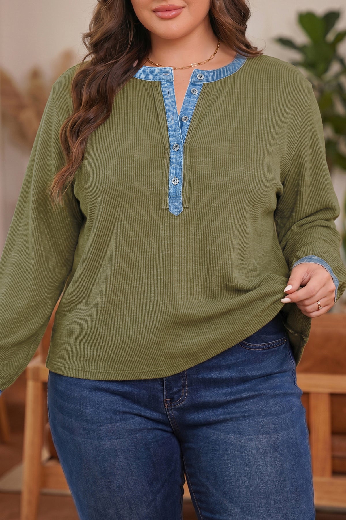 Four Leaf Clover Ribbed Knit Denim Accents V Neck Long Sleeve Oversized Fit Plus Size Blouse