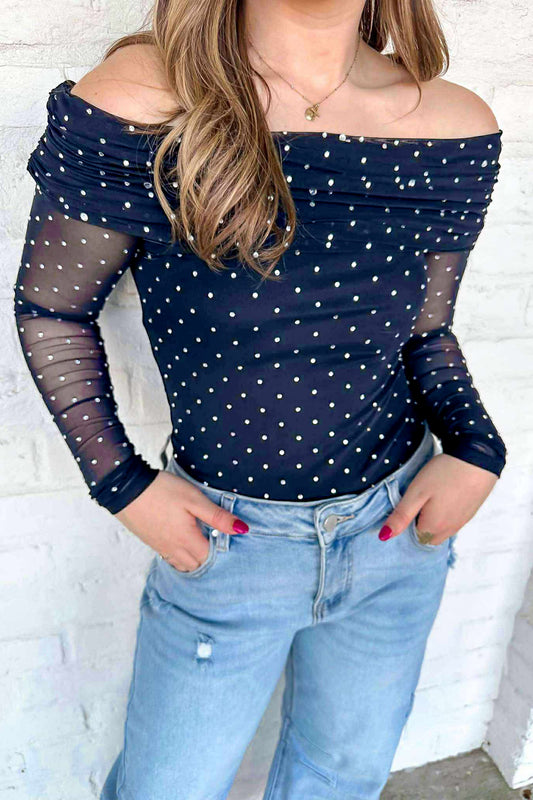 Blue Off Shoulder Polka Dot Mesh Long Sleeve Sheath Top-Tops/Long Sleeve Tops-[Adult]-[Female]-Blue-S-2022 Online Blue Zone Planet