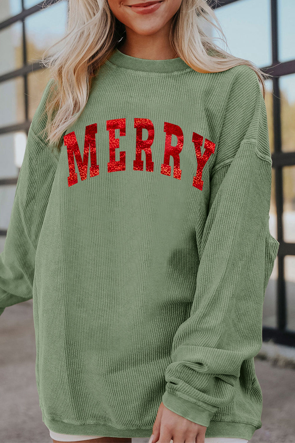 Grass Green Christmas MERRY Letter Printed Corded Baggy Sweatshirt-Graphic Sweatshirts-[Adult]-[Female]-Grass Green-S-2022 Online Blue Zone Planet