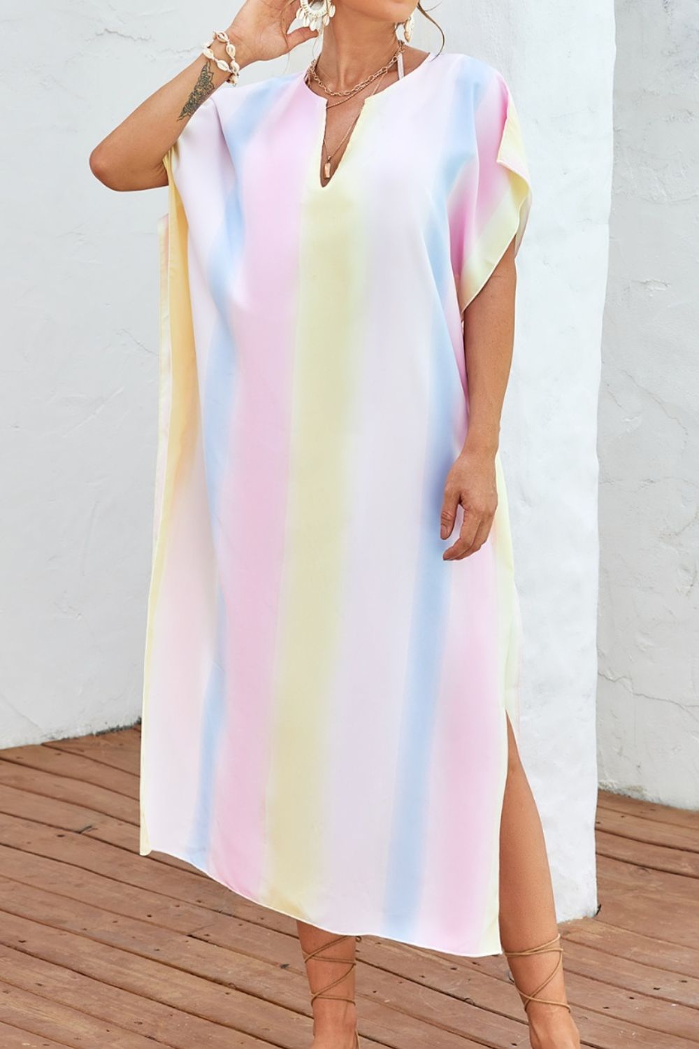 Slit Striped Notched Short Sleeve Cover Up-TOPS / DRESSES-[Adult]-[Female]-Multicolor-One Size-2022 Online Blue Zone Planet