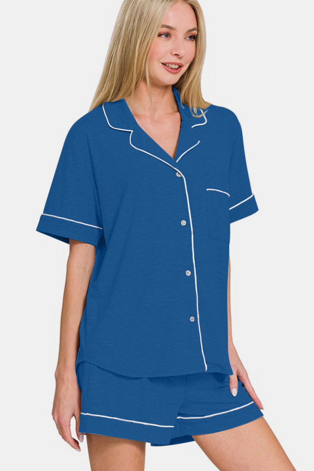 Blue Zone Planet | Zenana Button Down Short Sleeve Top and Shorts Lounge Set-TOPS / DRESSES-[Adult]-[Female]-2022 Online Blue Zone Planet