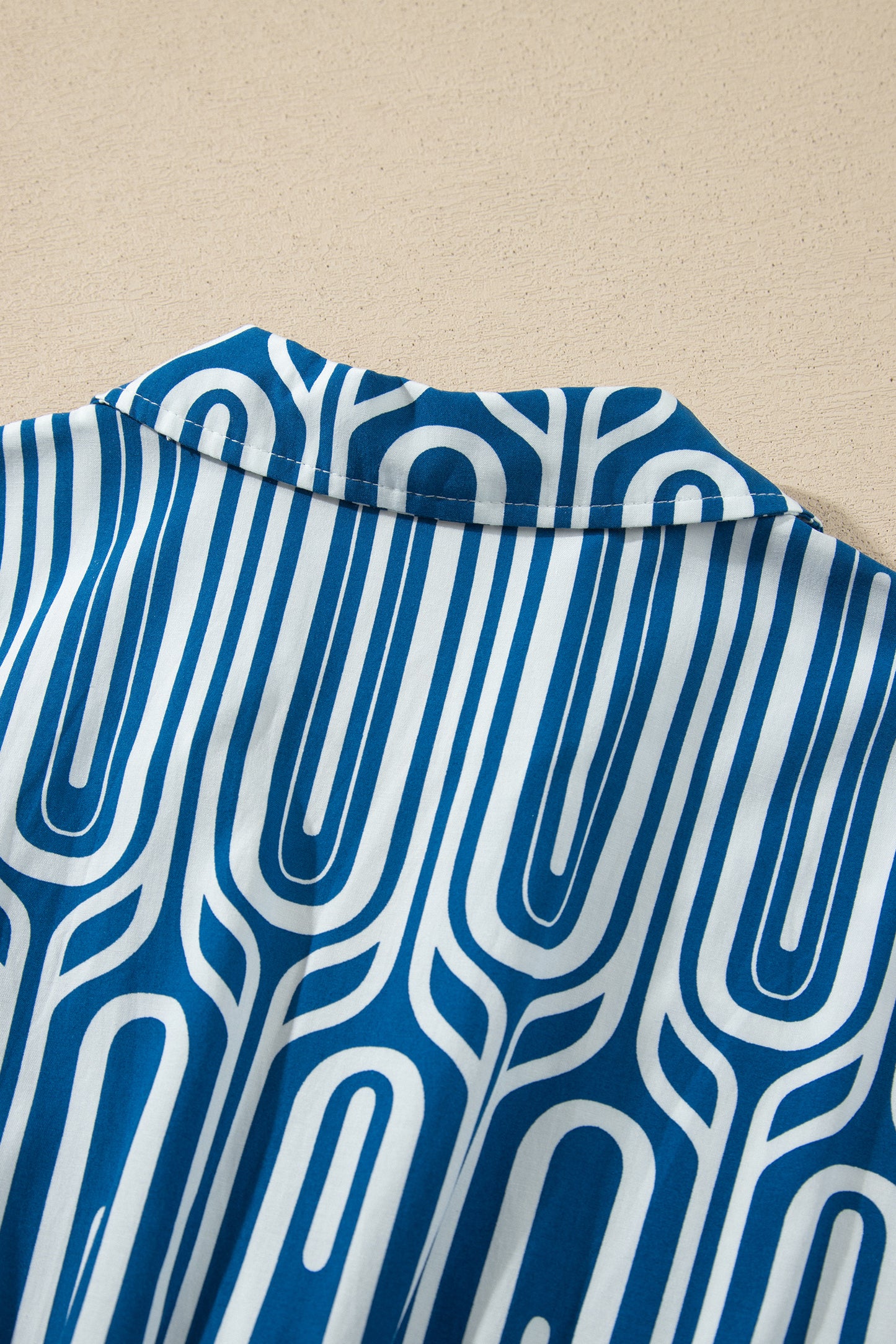 Blue Geometric Print Short Sleeve Drawstring Shirt Collar Dress-TOPS / DRESSES-[Adult]-[Female]-2022 Online Blue Zone Planet
