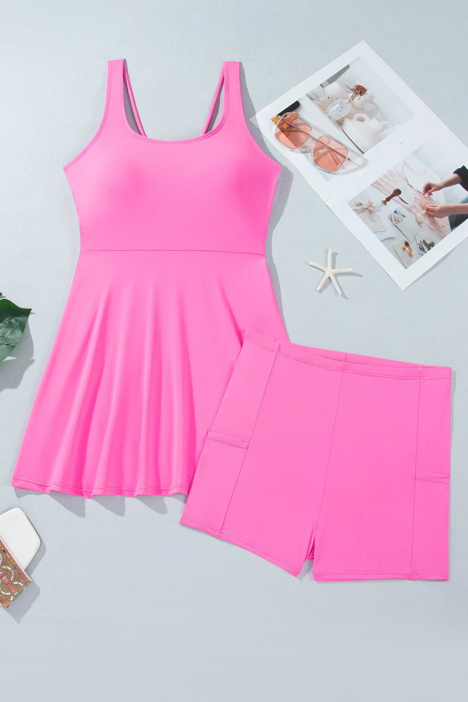 Bright Pink Twisted Strappy Back Active Mini Dress with Shorts-TOPS / DRESSES-[Adult]-[Female]-2022 Online Blue Zone Planet