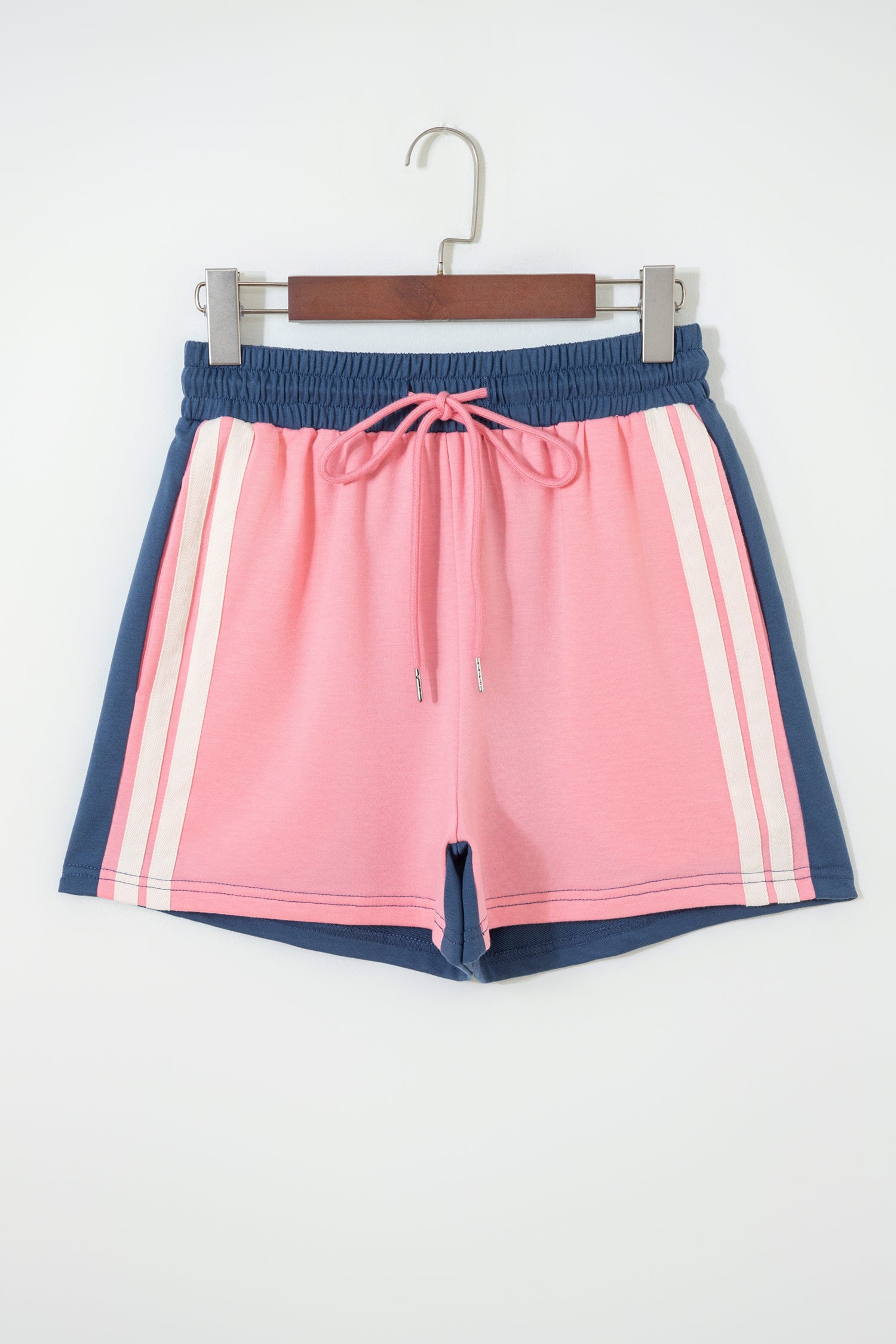 Pink Color Block Patchwork Varsity Striped Detail Drawstring Elastic Waist Shorts-Bottoms/Casual Shorts-[Adult]-[Female]-2022 Online Blue Zone Planet