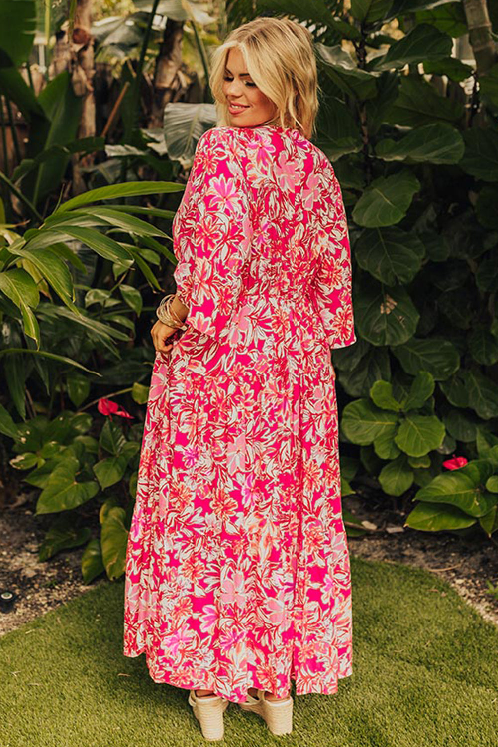 Blue Zone Planet | Rose Plus Size Floral V Neck Wide Sleeve Maxi Dress-TOPS / DRESSES-[Adult]-[Female]-2022 Online Blue Zone Planet