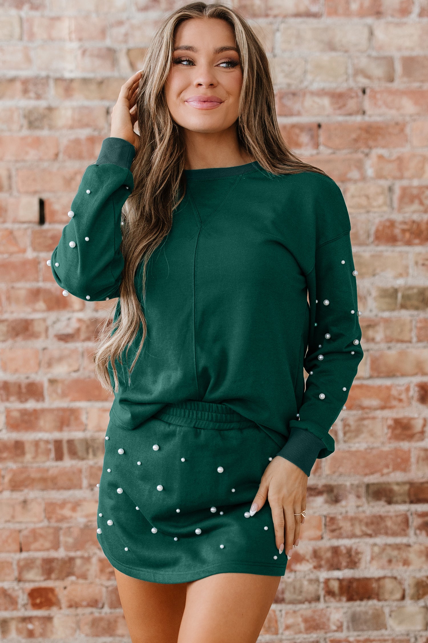 Dark Green Pearl Embellished Drop Shoulder Pullover Elastic Waist Mini Skirt Set-Two Piece Sets/Two Piece Dresses-[Adult]-[Female]-2022 Online Blue Zone Planet