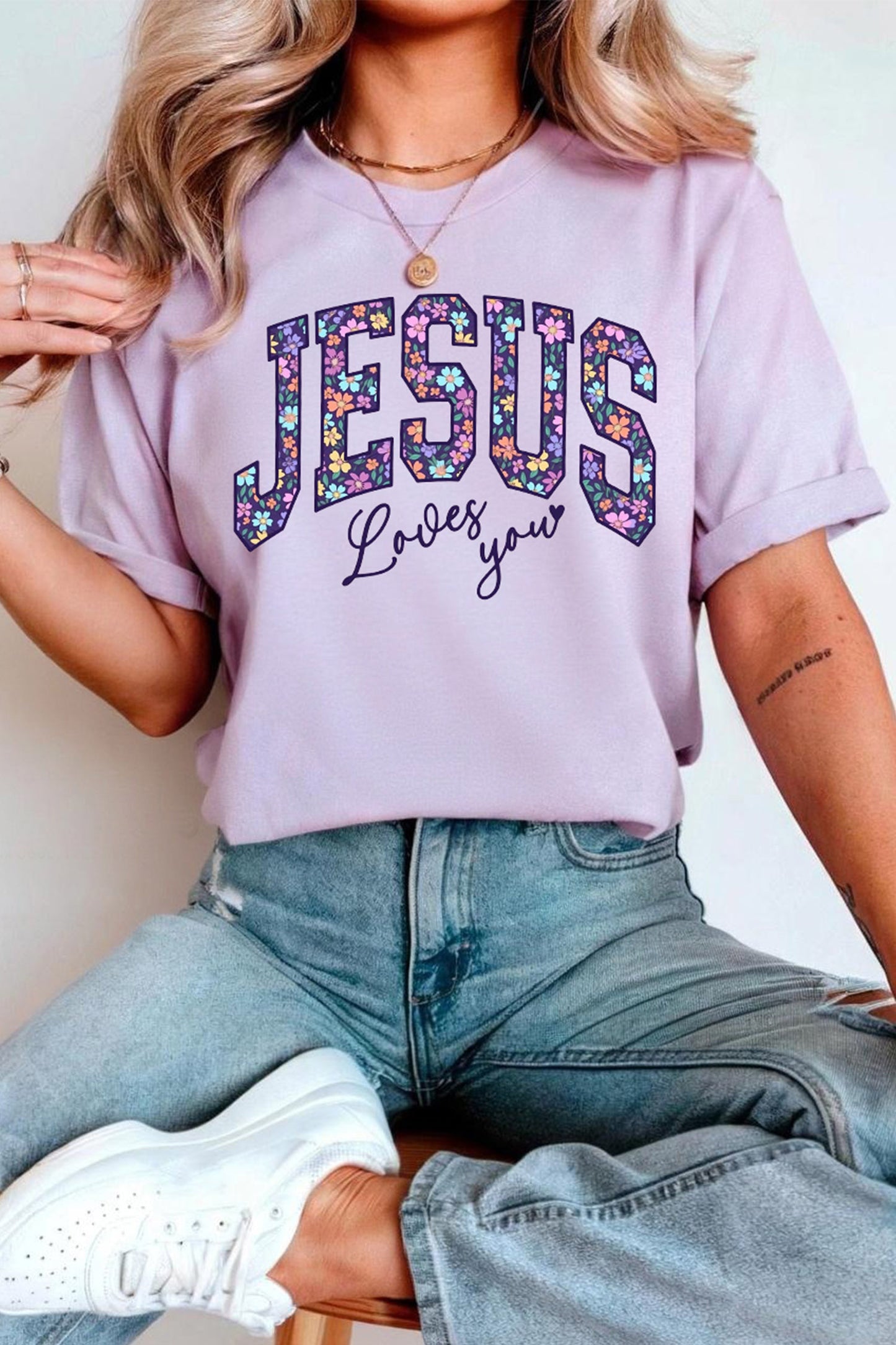 Orchid Petal Christian Floral Letter Graphic Round Neck T Shirt-Graphic/Graphic Tees-[Adult]-[Female]-2022 Online Blue Zone Planet