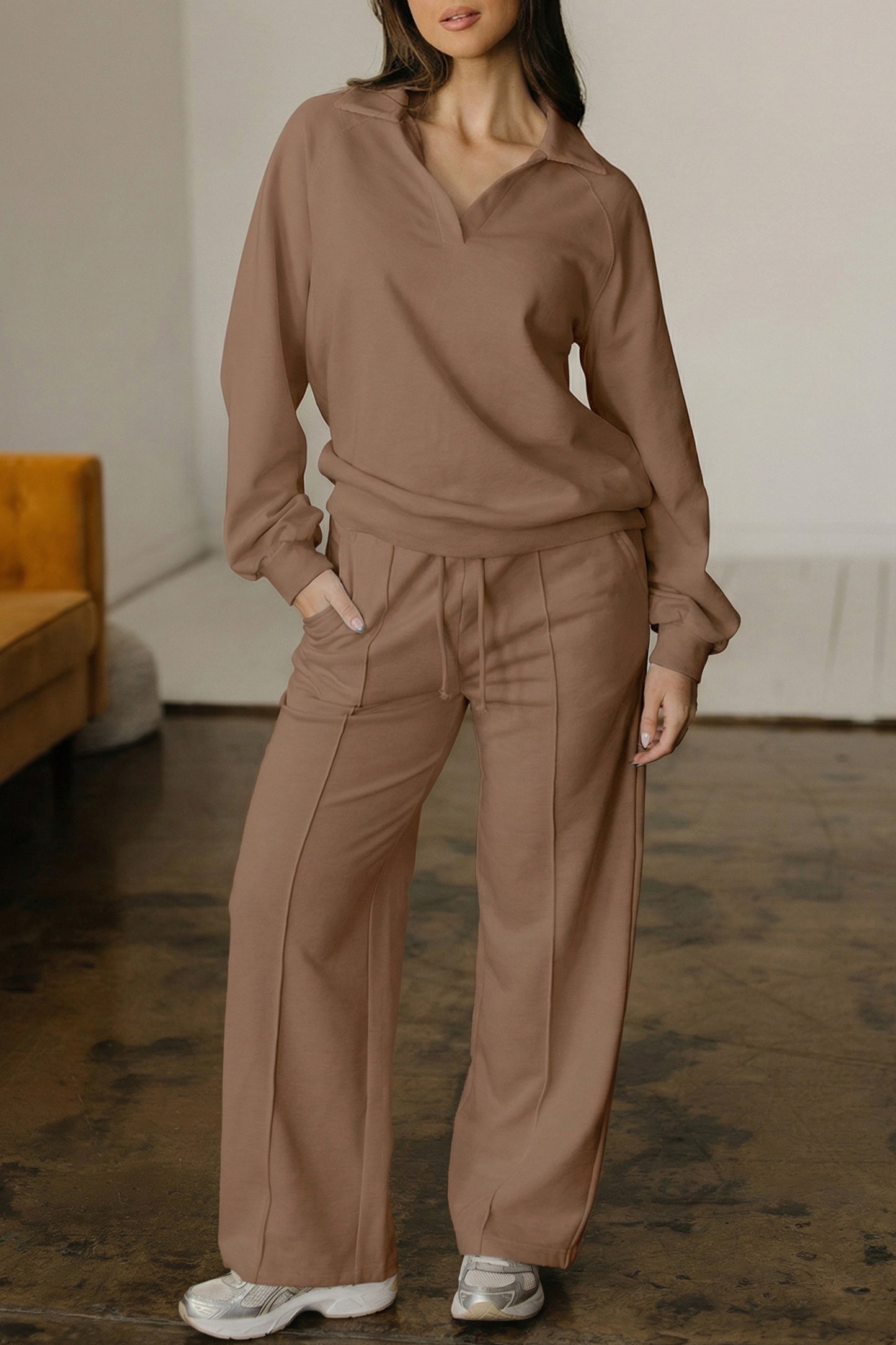 Dark Khaki Polo Collar V Neck Pullover and Drawstring Sweatpants Set-Two Piece Sets/Pant Sets-[Adult]-[Female]-2022 Online Blue Zone Planet