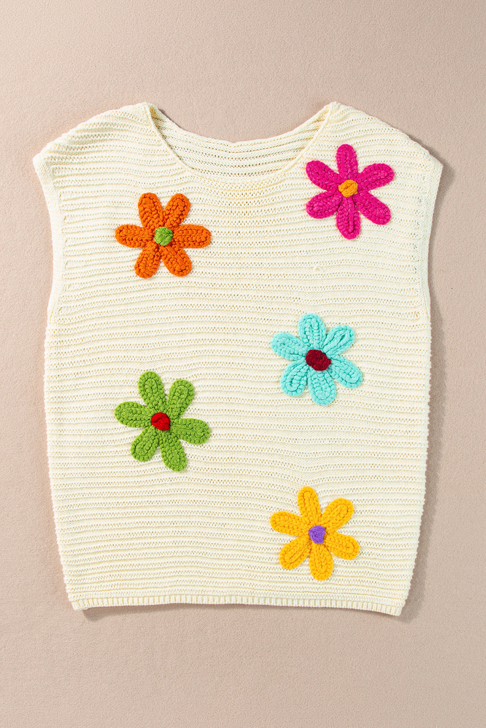 White Flower Crochet Round Neck Knitted Top-Sweaters & Cardigans/Short Sleeve Sweaters-[Adult]-[Female]-2022 Online Blue Zone Planet