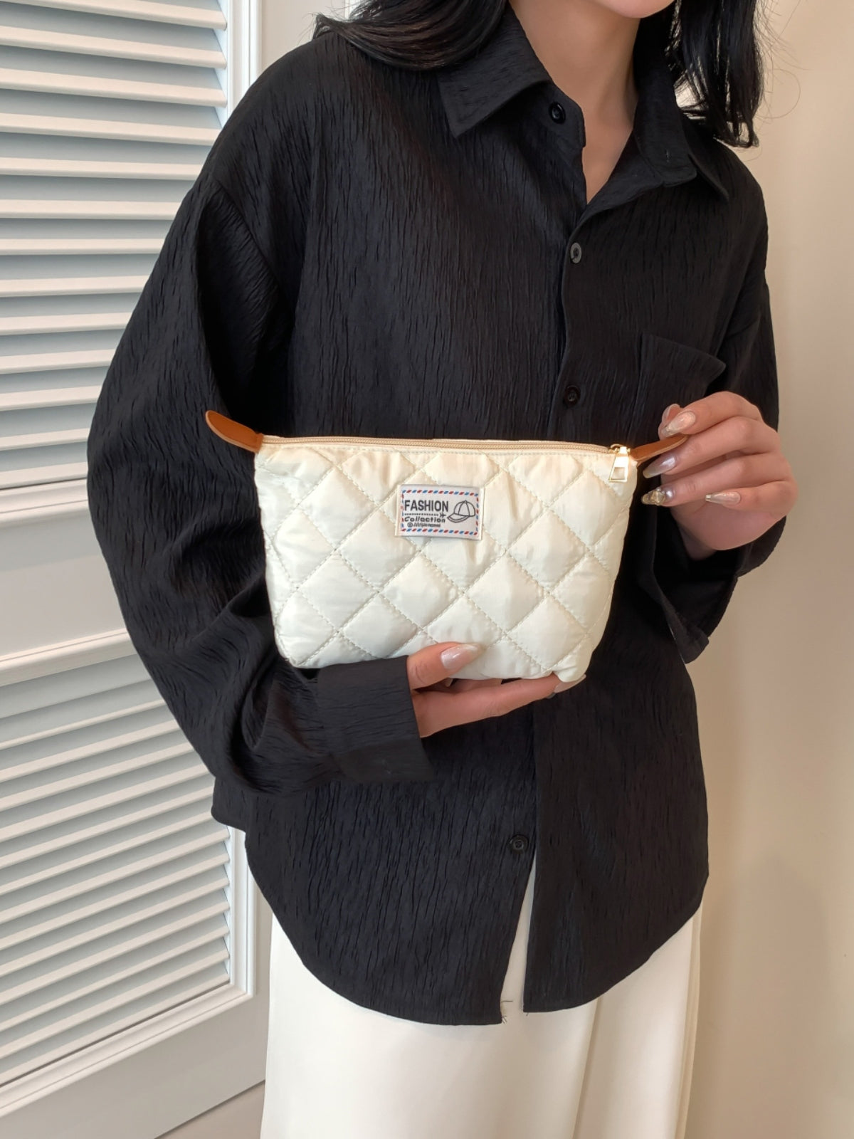 Solid Quilted Clutch with Zipper-HANDBAGS-[Adult]-[Female]-2022 Online Blue Zone Planet