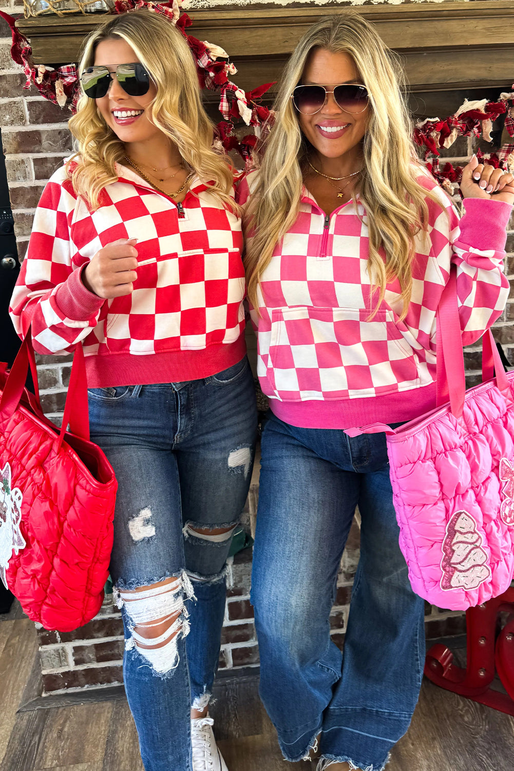 Red Checkered Print Half Zip Hoodie Loose Pant Set-Two Piece Sets/Pant Sets-[Adult]-[Female]-2022 Online Blue Zone Planet