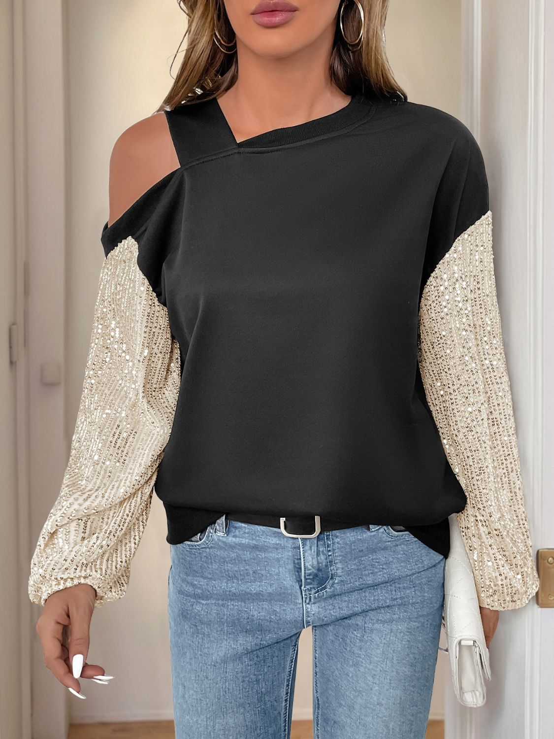 Perfee Sequin Asymmetrical Neck Long Sleeve Sweatshirt-TOPS / DRESSES-[Adult]-[Female]-2022 Online Blue Zone Planet