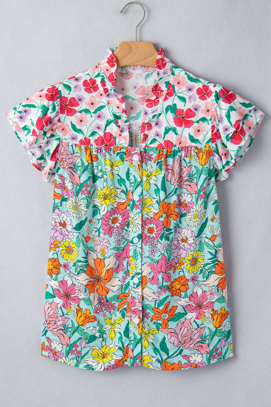 Sky Blue Floral Print Split Neck Button Front Flutter Sleeve Blouse-Tops/Blouses & Shirts-[Adult]-[Female]-2022 Online Blue Zone Planet