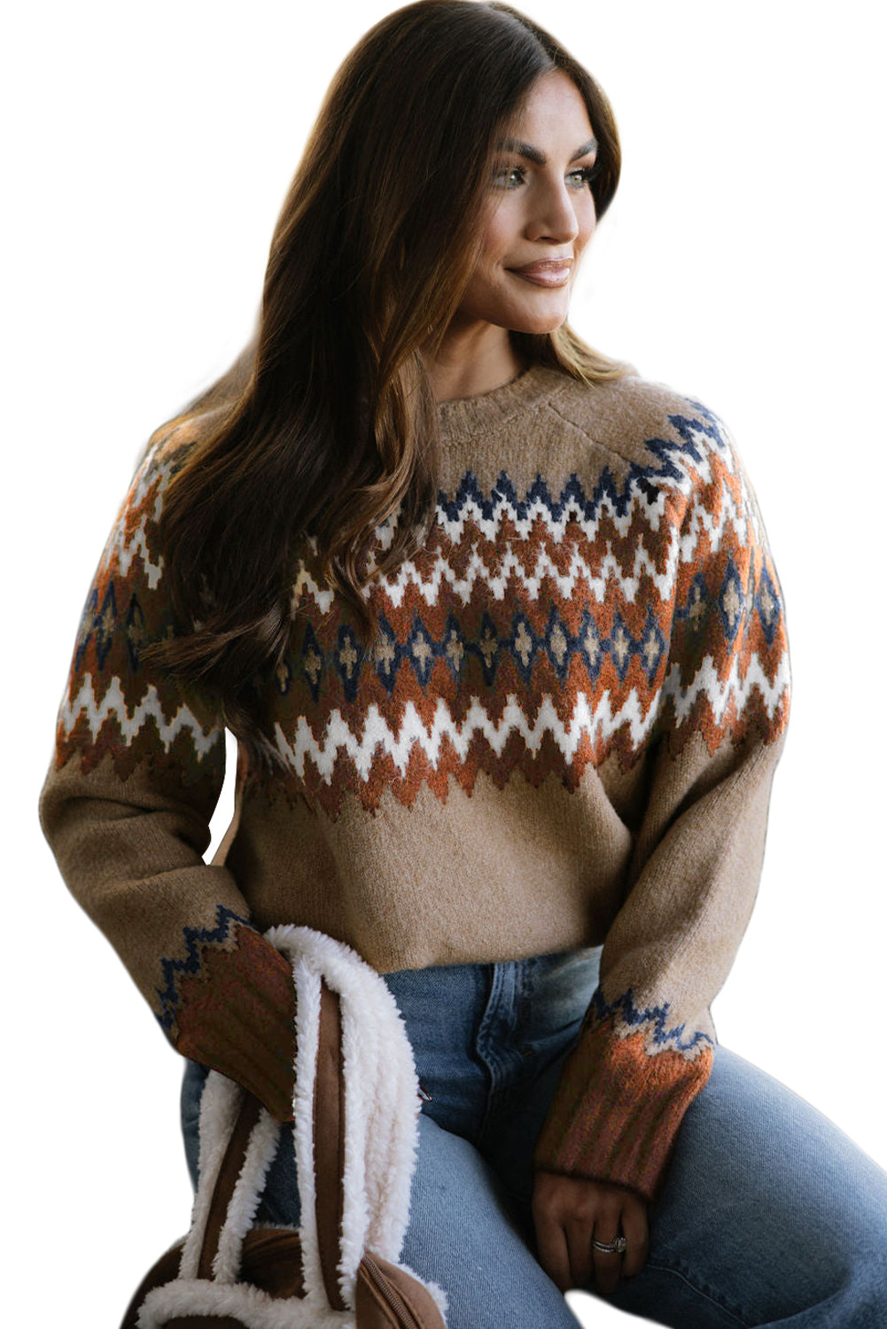 Khaki Aztec Print Colorblock Crew Neck Sweater-TOPS / DRESSES-[Adult]-[Female]-2022 Online Blue Zone Planet