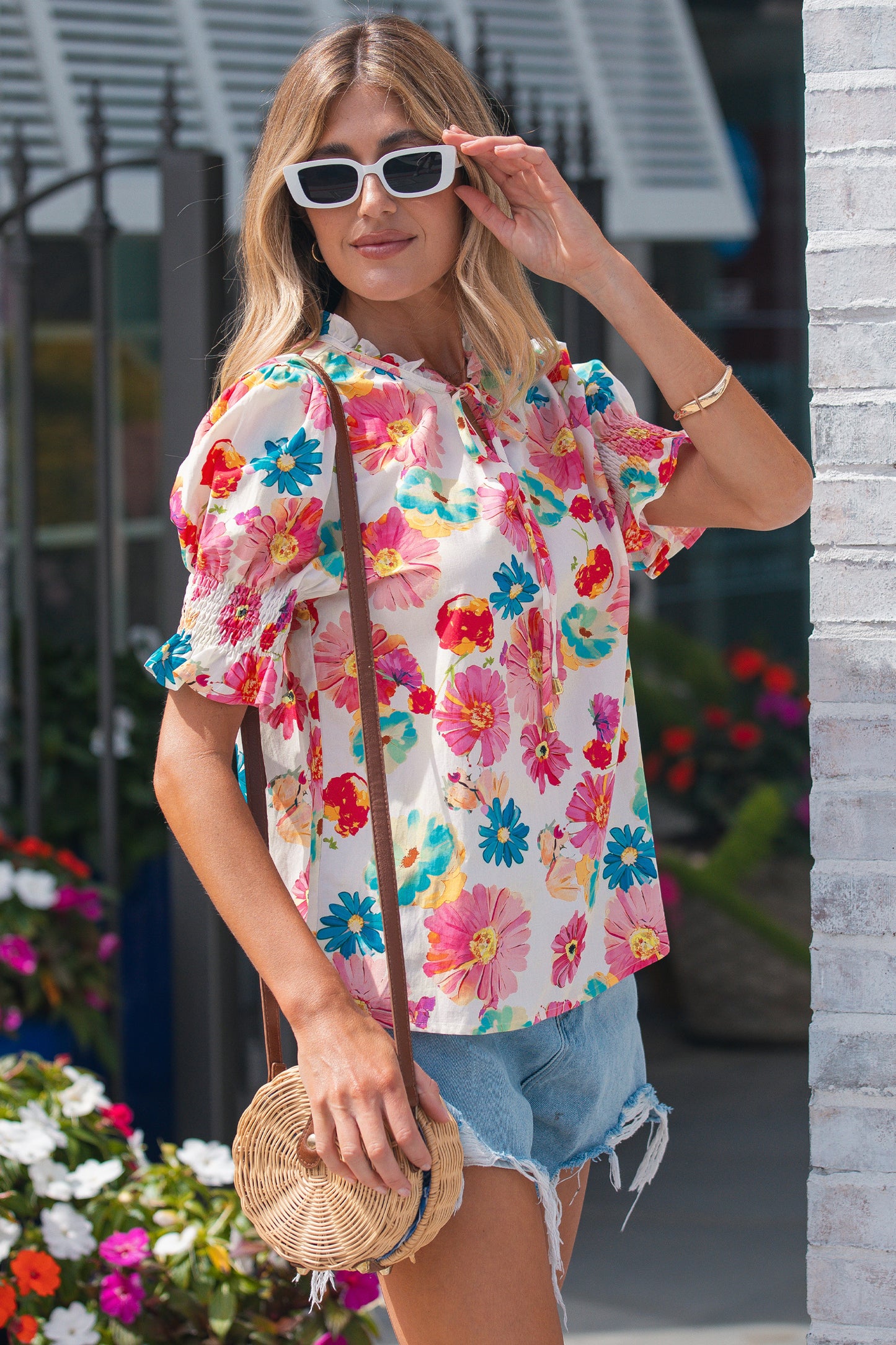 Beige Vibrant Summer Floral Tie V Neck Short Puff Sleeve Blouse-Tops/Blouses & Shirts-[Adult]-[Female]-2022 Online Blue Zone Planet