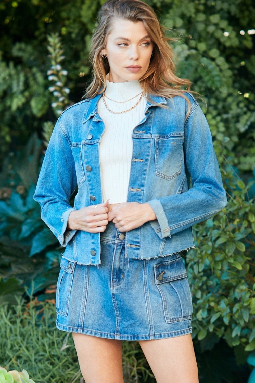 Veveret Button Up Raw Hem Denim Jacket-TOPS / DRESSES-[Adult]-[Female]-2022 Online Blue Zone Planet