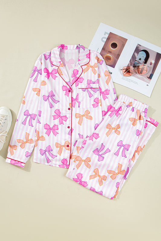 Pink Striped Bow Print Contrast Piping Trim Shirt and Pants 2pcs Pajama Set-Loungewear & Sleepwear/Sleepwear-[Adult]-[Female]-2022 Online Blue Zone Planet