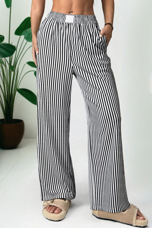 Black Stripe Elastic High Waist Pocketed Loose Pants-Bottoms/Pants & Culotte-[Adult]-[Female]-2022 Online Blue Zone Planet